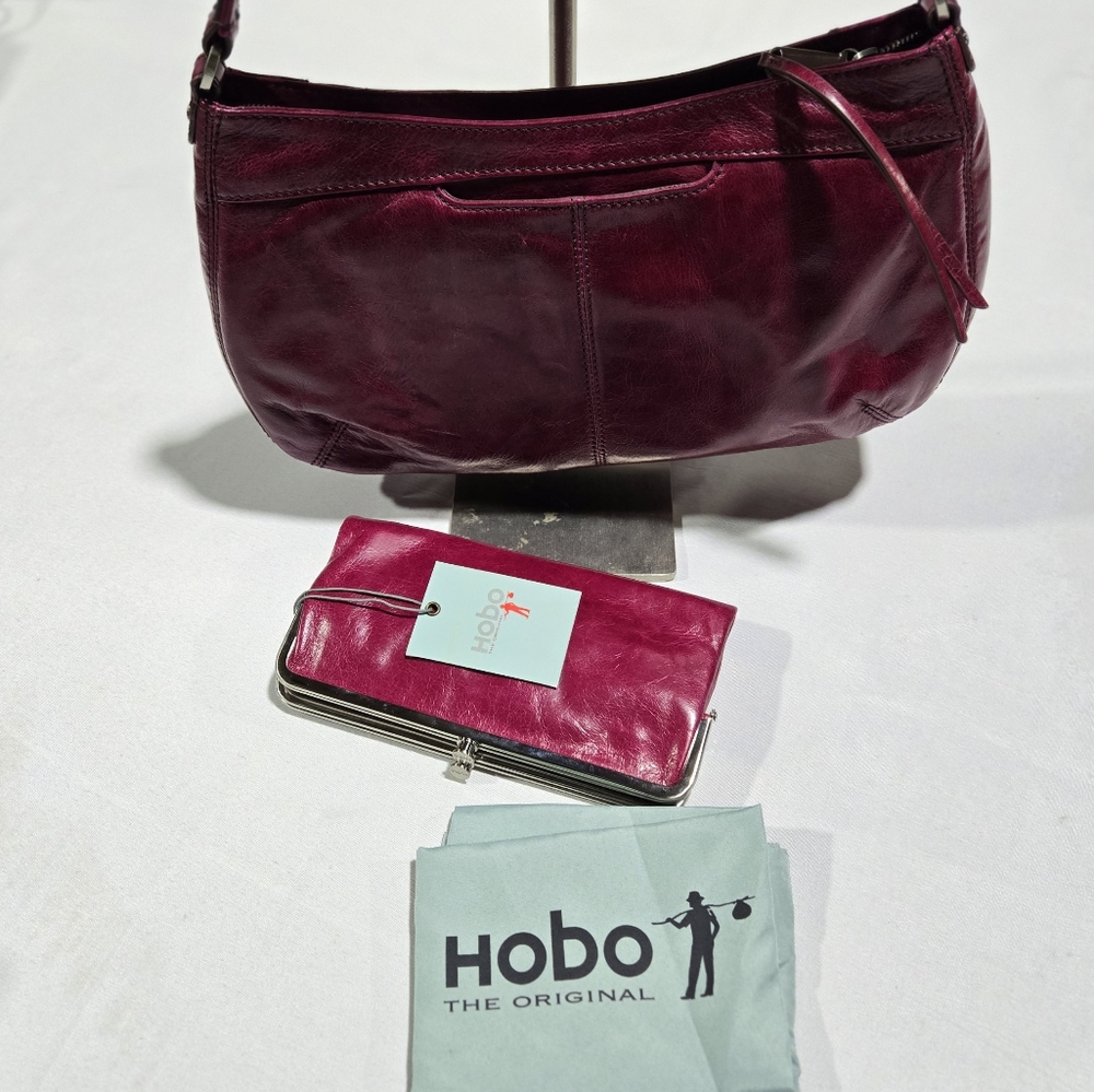 HOBO International Red Leather Purse Zip Top Shoulder Bag & Wallet Set Rare NOS